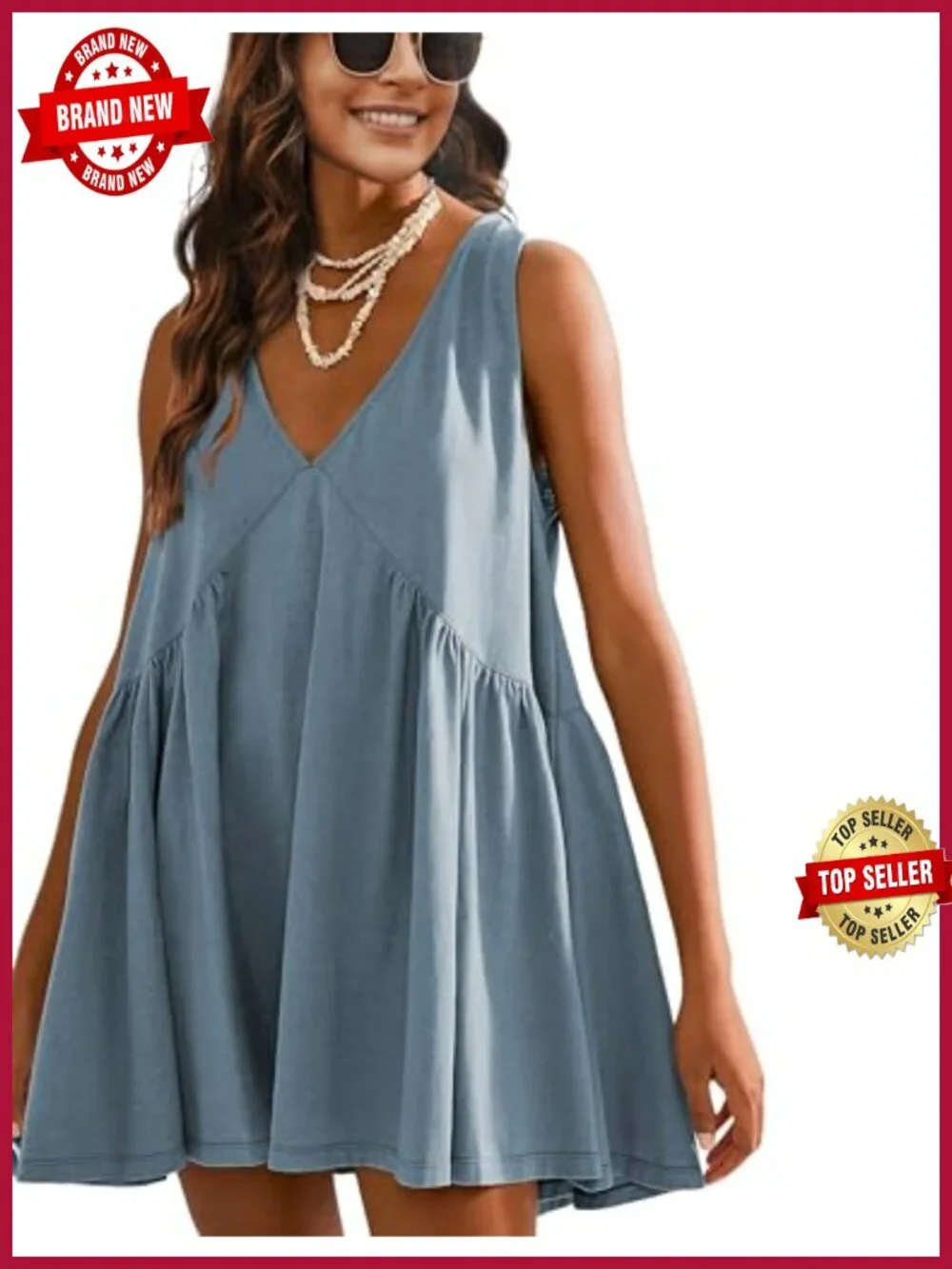 Sleeveless V-Neck Mini Sundress with Pockets for Women - Picture 1 of 6